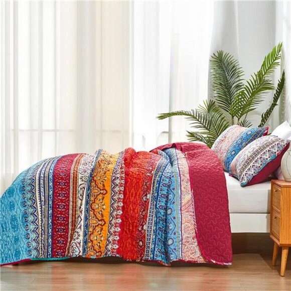 BEDDING Boho Quilt Set Queen Size, Bohemian Stripe 3 Pieces Christmas - Picture 4 of 7